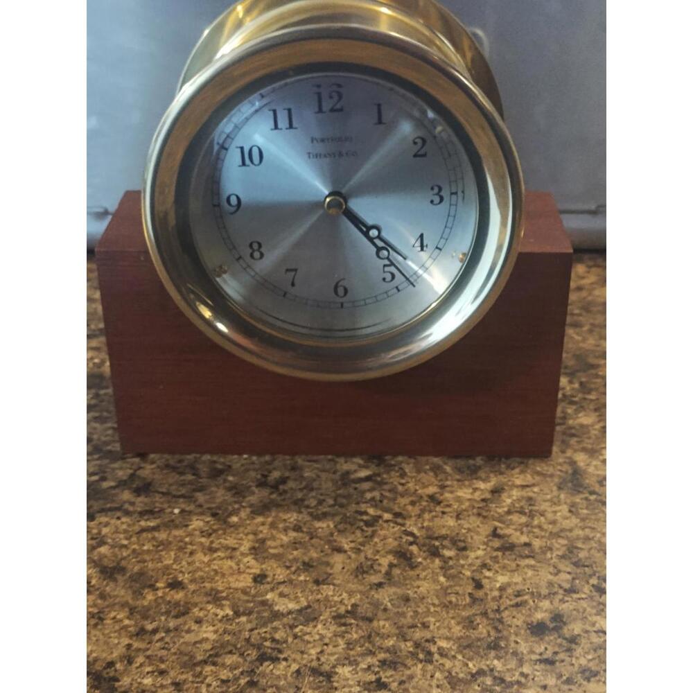 Tiffany & Co Brass Commemorative Ship's Clock with‎ Mahogany Base